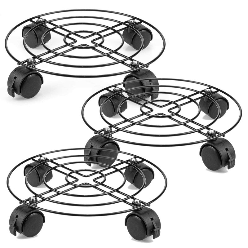Tosnail 3 Pack 10.5"" Round Metal Plant Caddy Plant Dolly Plant Stand Plant Holder with Caster Wheels - Black - Image 1